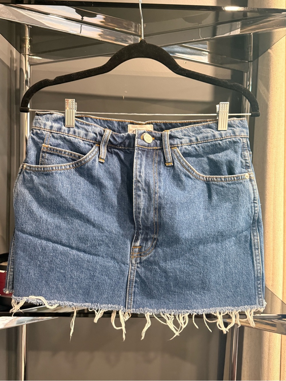 Frame Denim Blue Distressed Edge Denim Mini Skirt